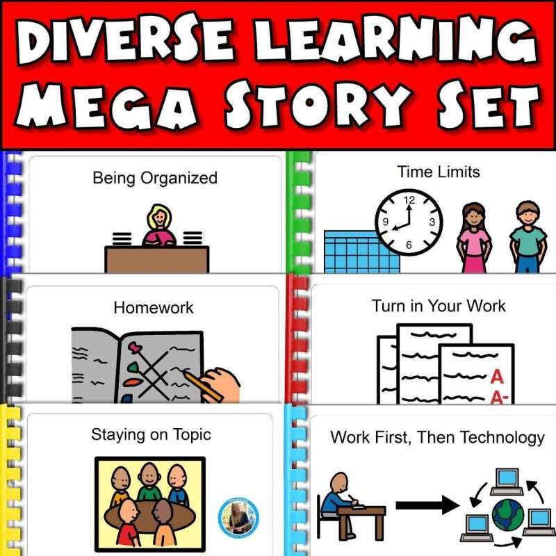 Social stories autism mega story set with diverse narratives including organization, time limits, homework, turning in work, staying on topic, and work first, then technology.