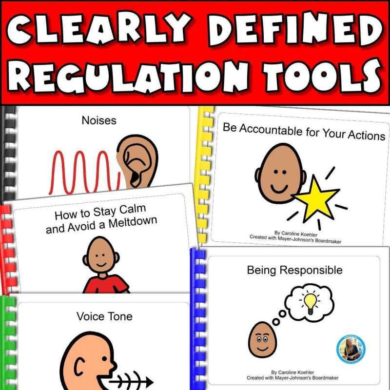 A social story autism set that discusses clearly defined regulation tools showing social stories for noises, responsibility, how to stay calm and avoid a meltdown, and appropriate voice tone.