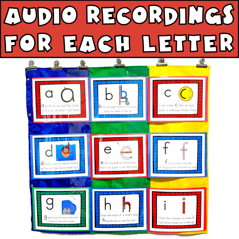 Alphabet tracing printables include audio recordings of rhymes for letter formation of lowercase letters