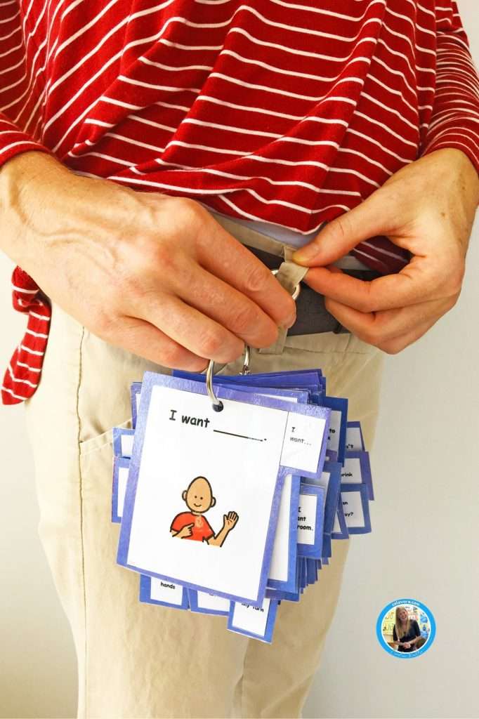 Autism visual cue cards on a teacher's belt loop