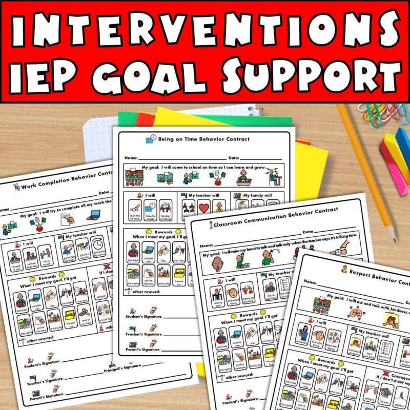 Behavior contract sample for interventions, IEP, goal, support, showing work completion, behavior, contract, being on time, behavior, contract, classroom communications behavior, contract, respect, behavior, contract.