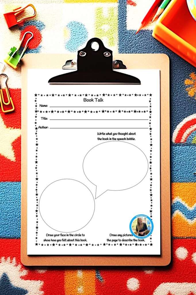 Book report called, Book Talk, on a clipboard in a kindergarten classroom