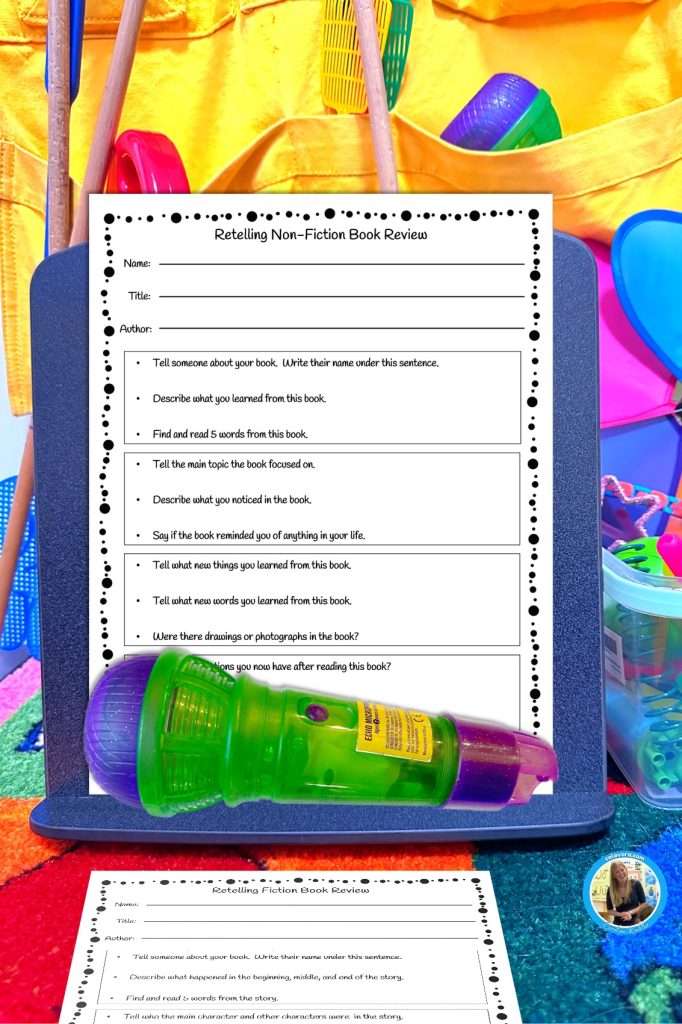 Book report ideas showing a retelling non-fiction and fiction book review page in a classroom.
