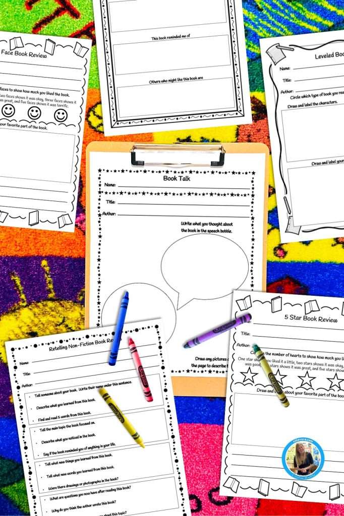 A book reports collection on an elementary classroom rug.