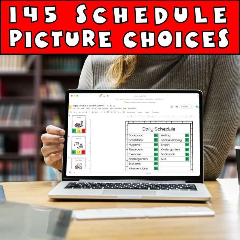 Digital visual schedule with 145 schedule picture choices on a computer at school