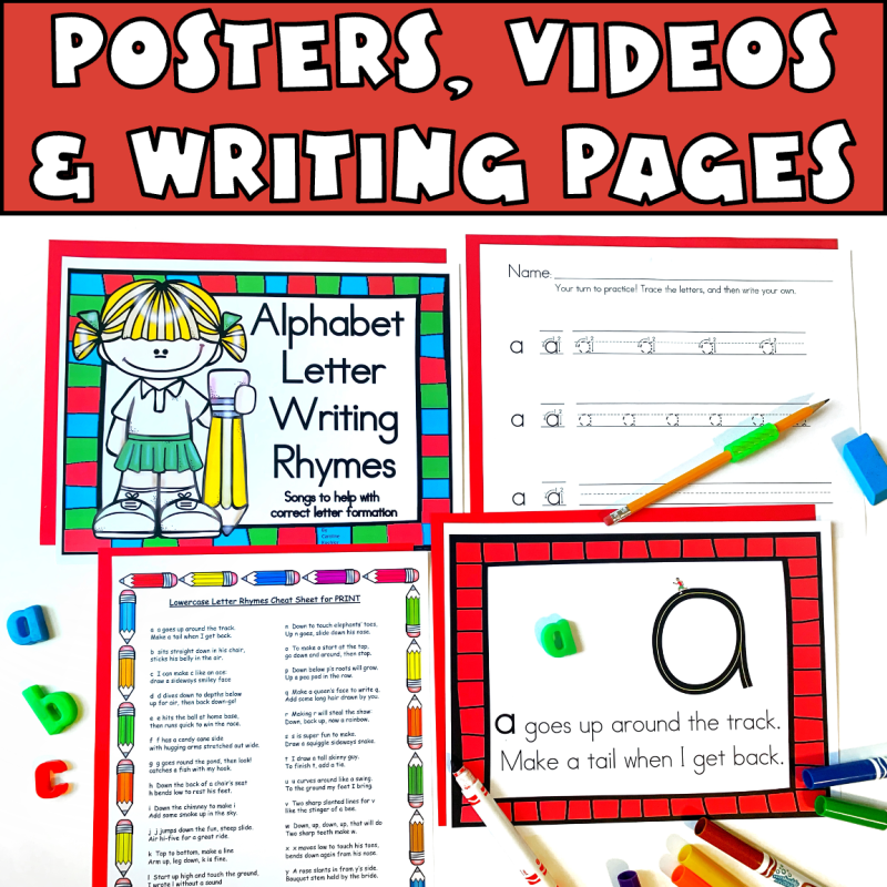 Letter formation sheets with posters, videos, and writing pages for lowercase alphabet letters