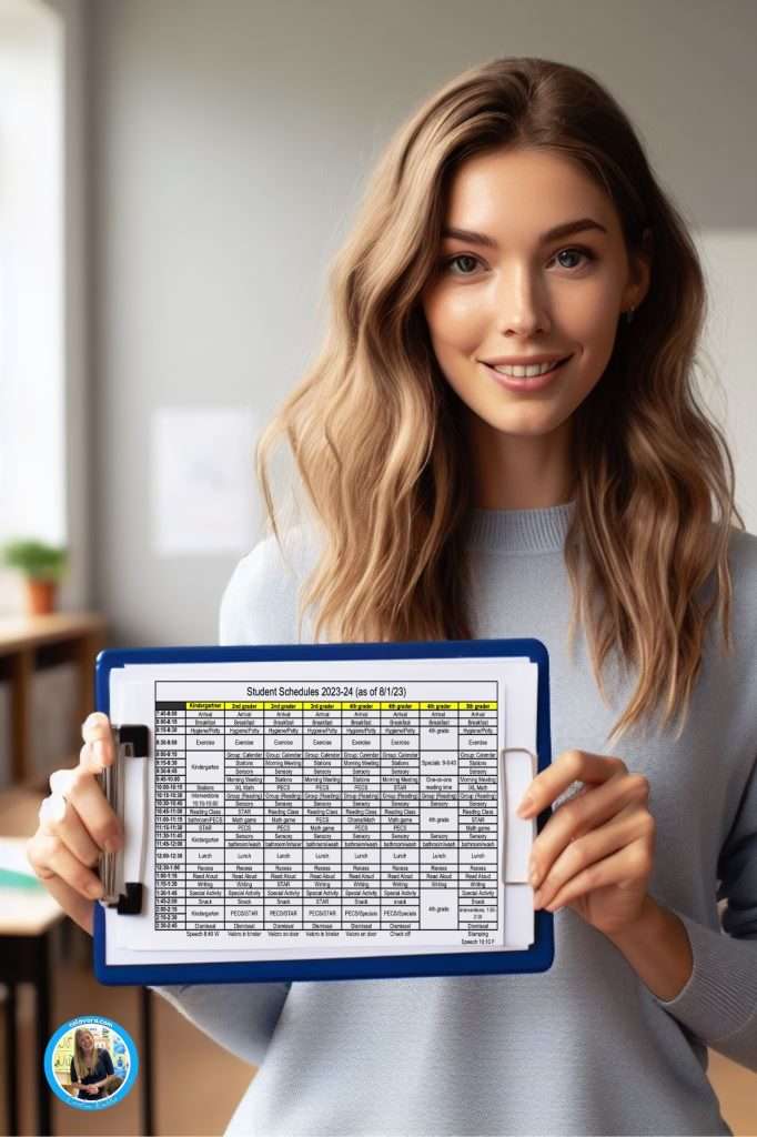 Visual schedule example including a teacher holding her students written schedule for school