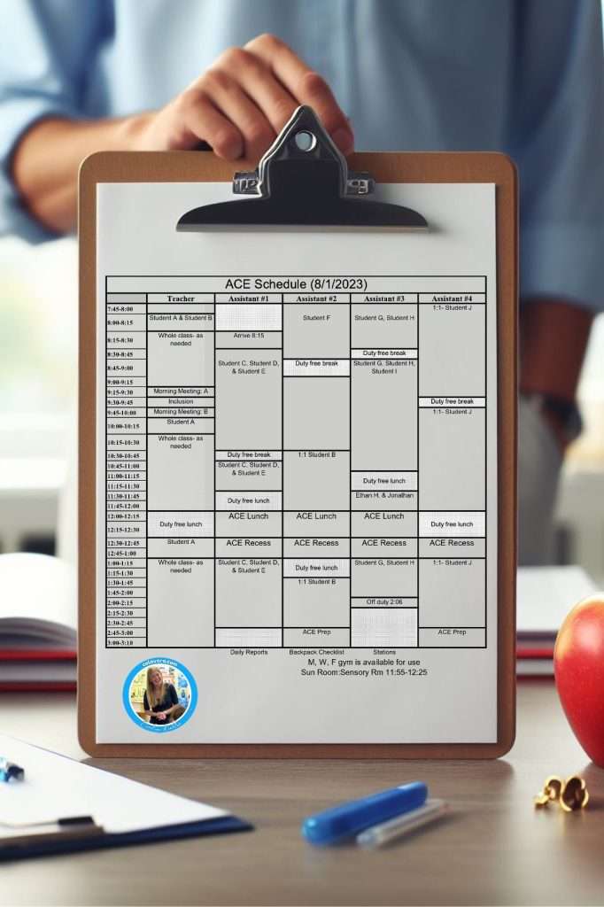 Visual schedule for kindergarten showing a teacher’s clipboard with a written version of the daily schedule.