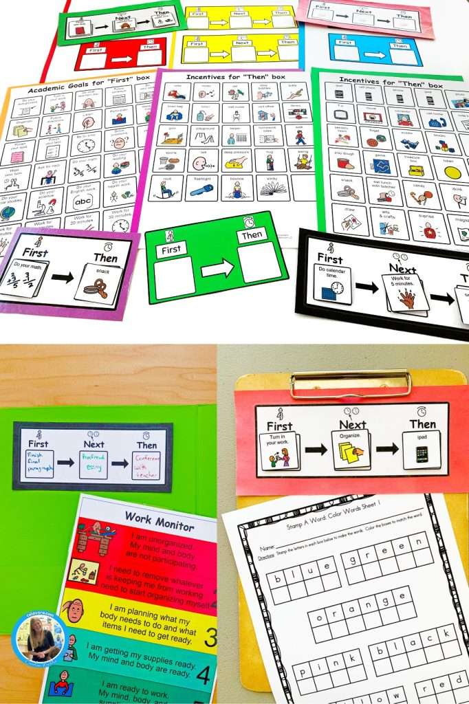 Visual schedule icons shown on first, then token boards for students with autism