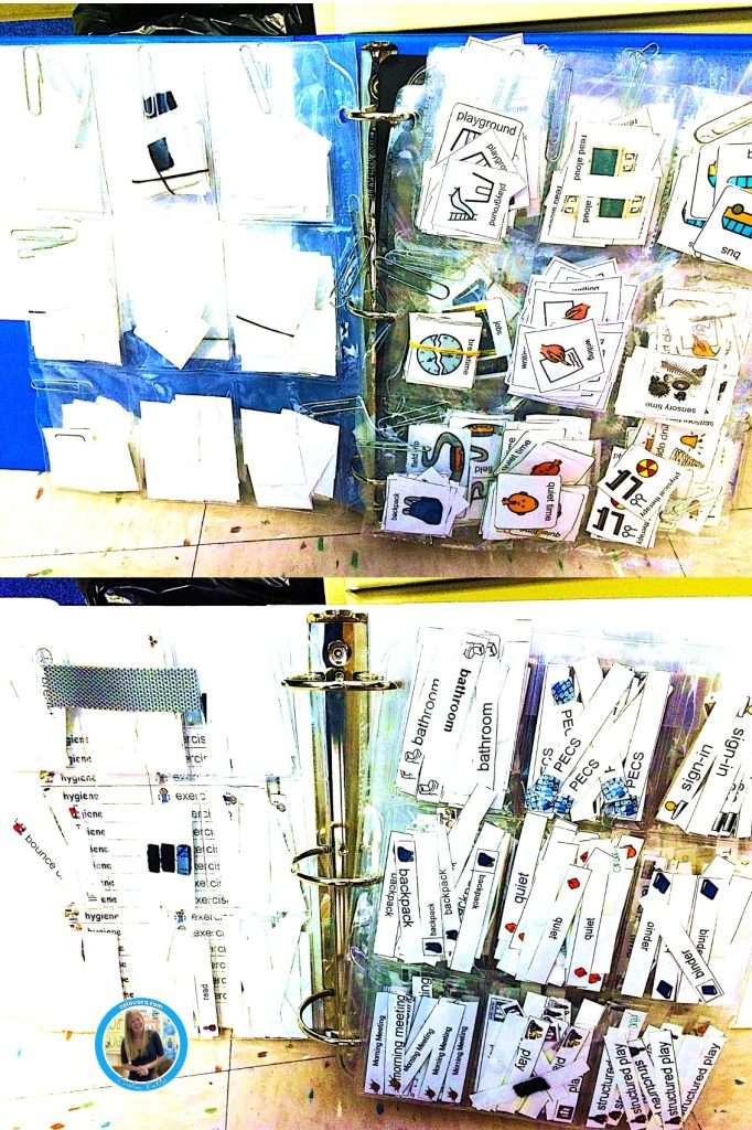 Visual schedule pictures shown stored in binders in a classroom