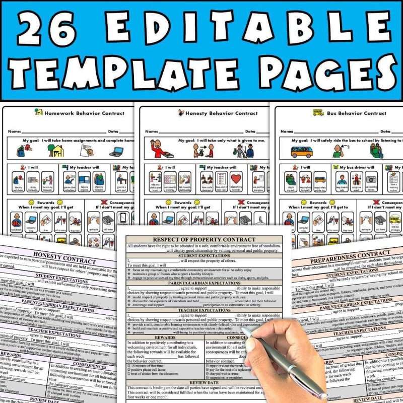 A behavior contract sample showing 26 editable template pages for students with special education needs.