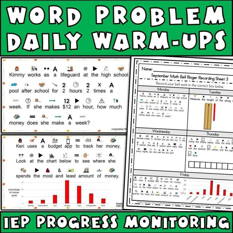 Math special education curriculum word problems with daily warm-ups for IEP progress monitoring and goals.