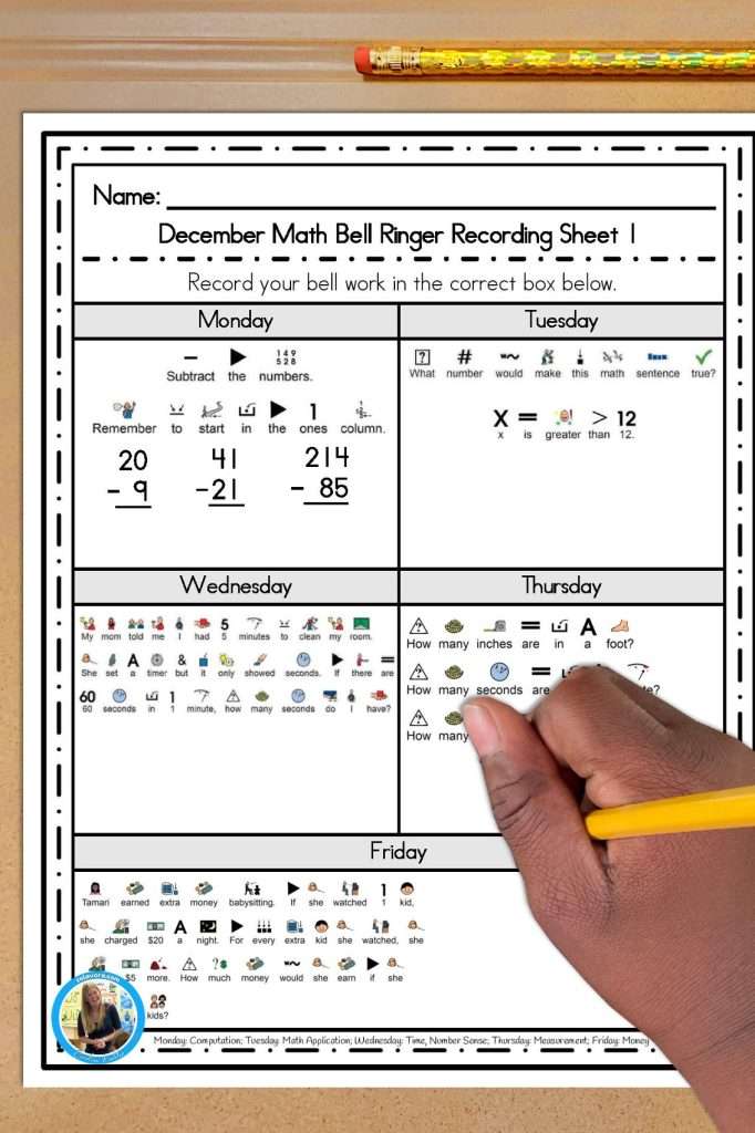 Special ed math worksheets showing one worksheet for the month of December.
