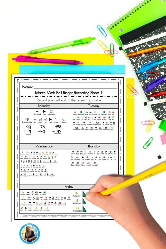 Special education functional math curriculum showing a math worksheet from the month of March