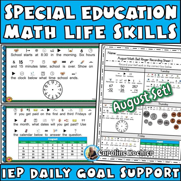 Special education math life skills with IEP daily goal support for August