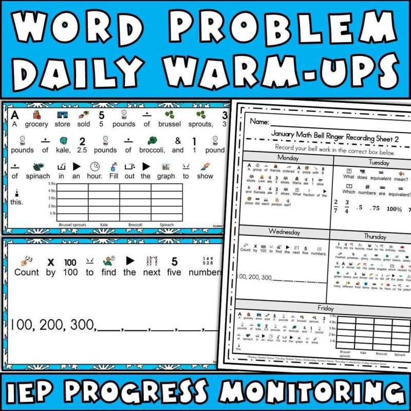 Special education math curriculum with word problem daily warm-ups for IEP progress monitoring of life skills