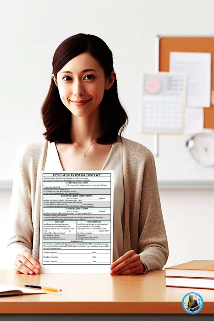 Teen behavior contracts with a teacher holding a physical self-contract behavior contract.