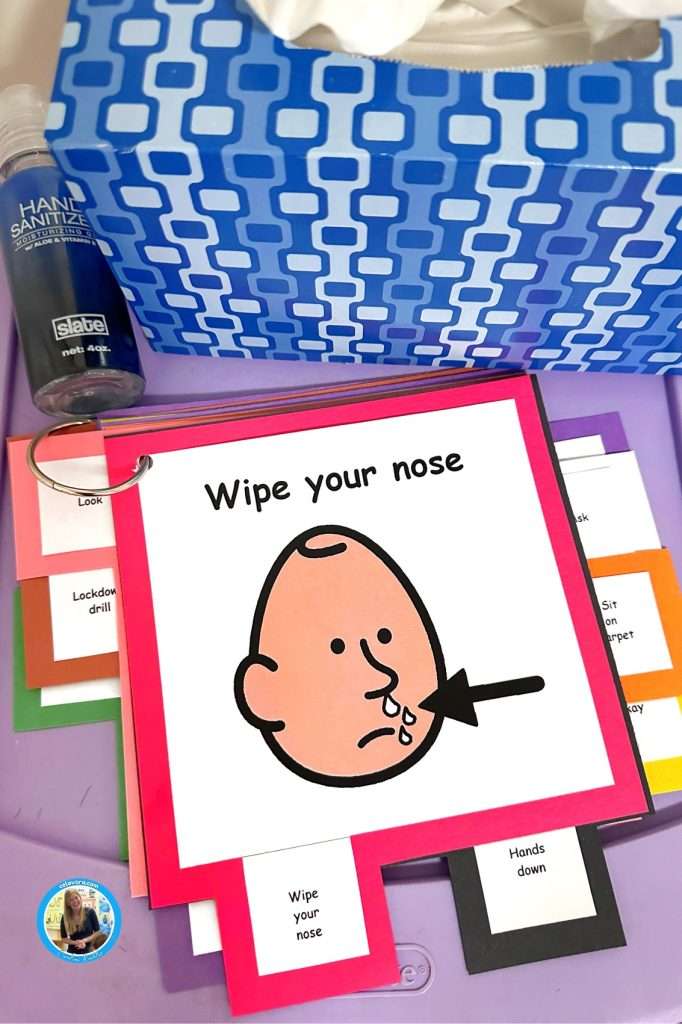 autism cue cards for behavior support showing a wipe your nose card in a classroom