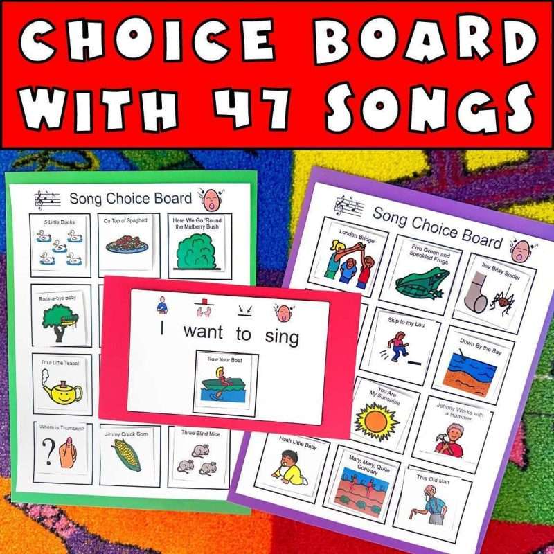 Circle time songs choice board with 47 nursery rhymes with picture cards and song lyrics
