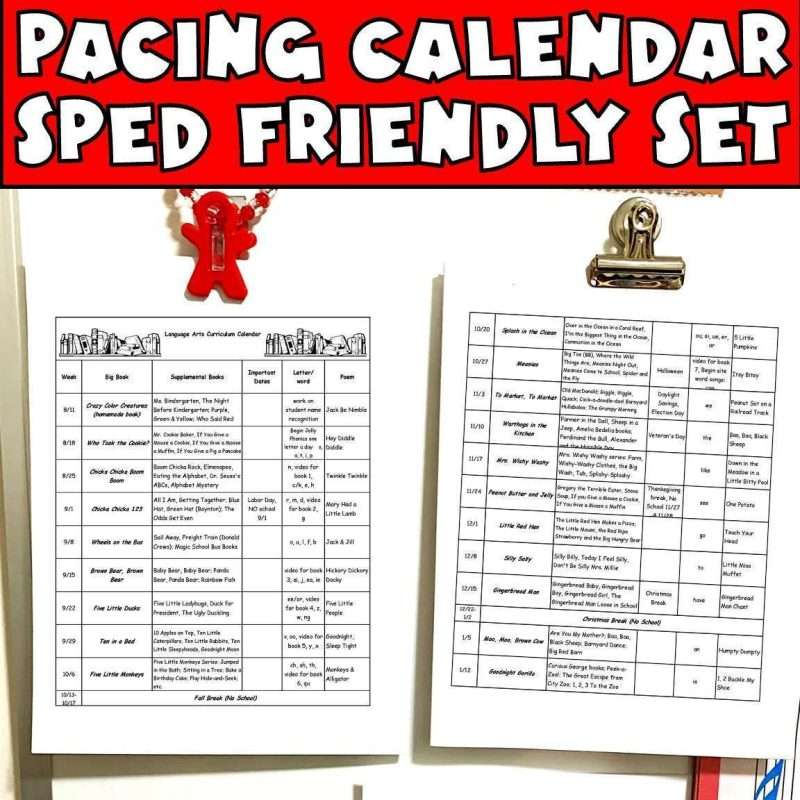 Pacing guide for kindergarten SPED friendly set