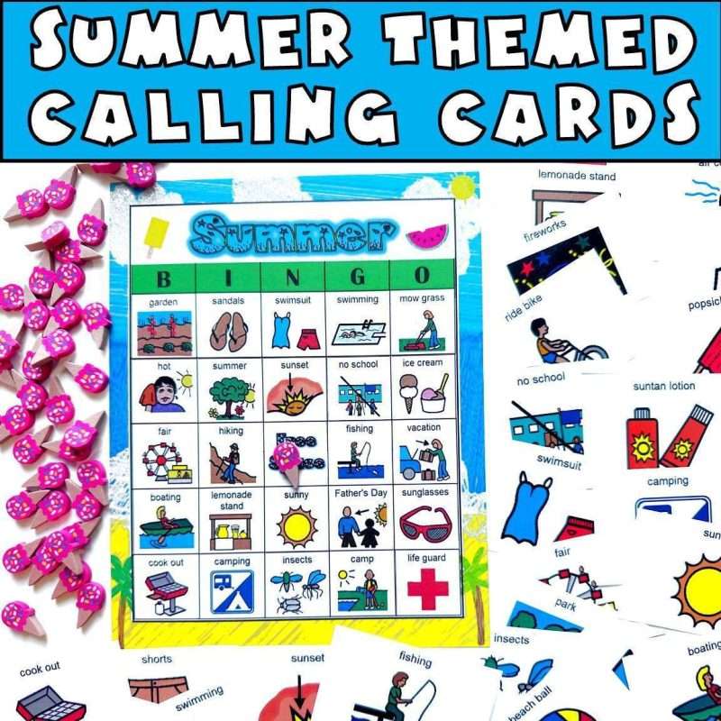 Summer bingo board with summertime themed calling cards