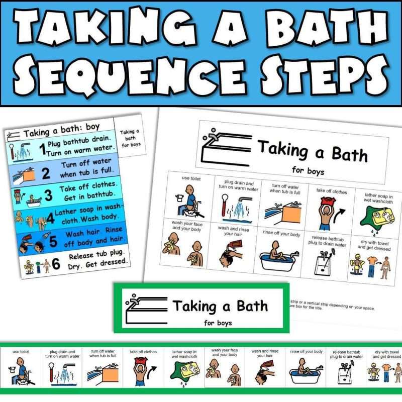 Bath autism support with taking bath sequence steps and visuals
