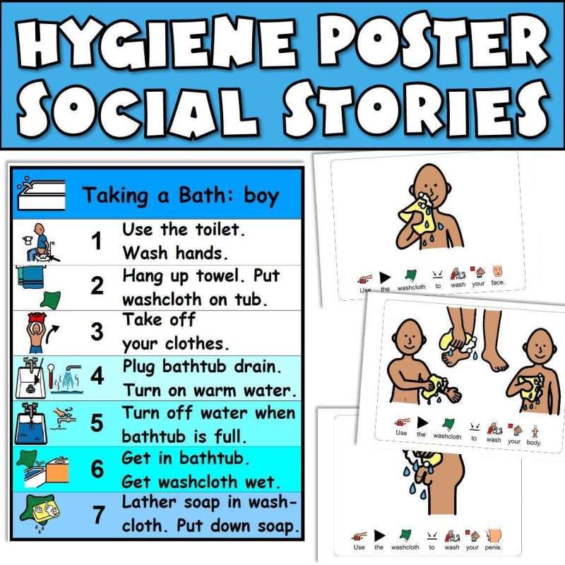 Shower visuals and hygiene poster set with social stories