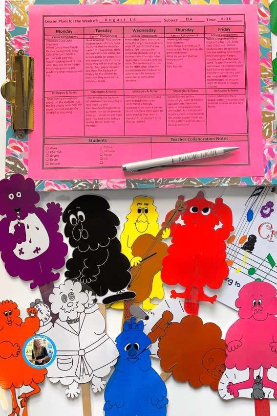 Weekly lesson plans template showing a teacher's lesson for crazy color creatures.