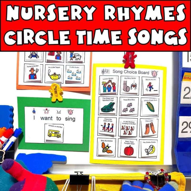Circle time songs with nursery rhymes on a classroom white board