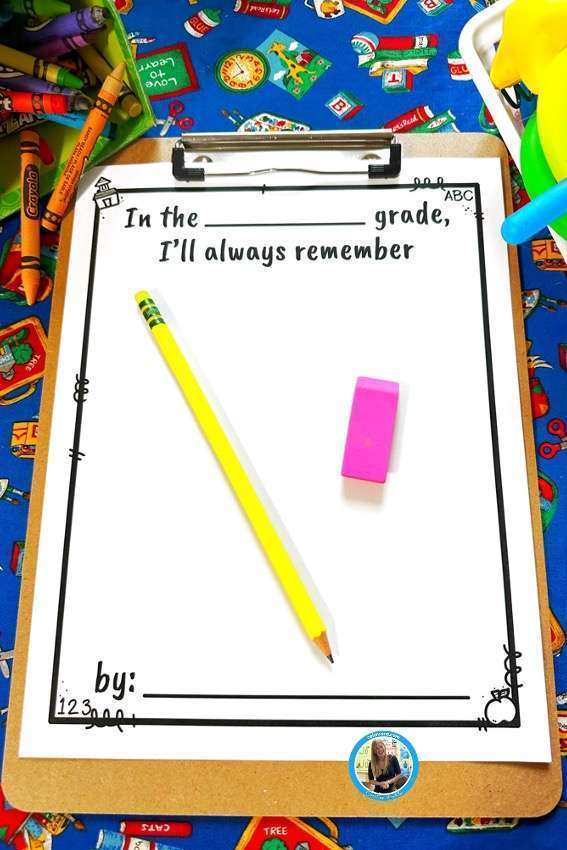 End of year activities for elementary students showing an I'll always remember page.