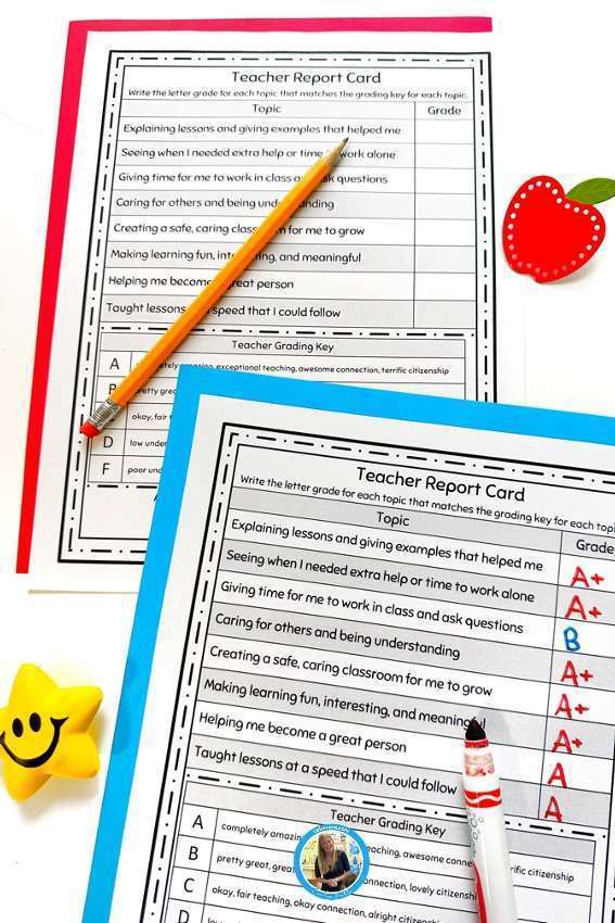 End of year activities for students showing a teacher report card.
