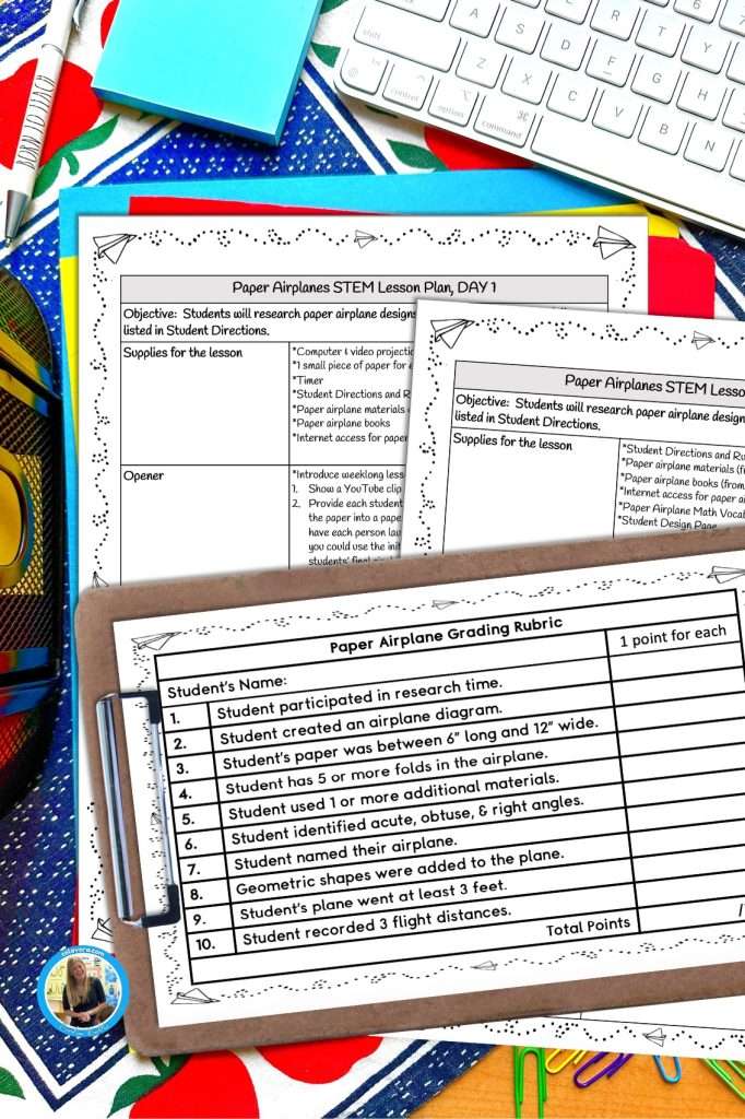 STEM paper airplane lesson set on a teacher's desk
