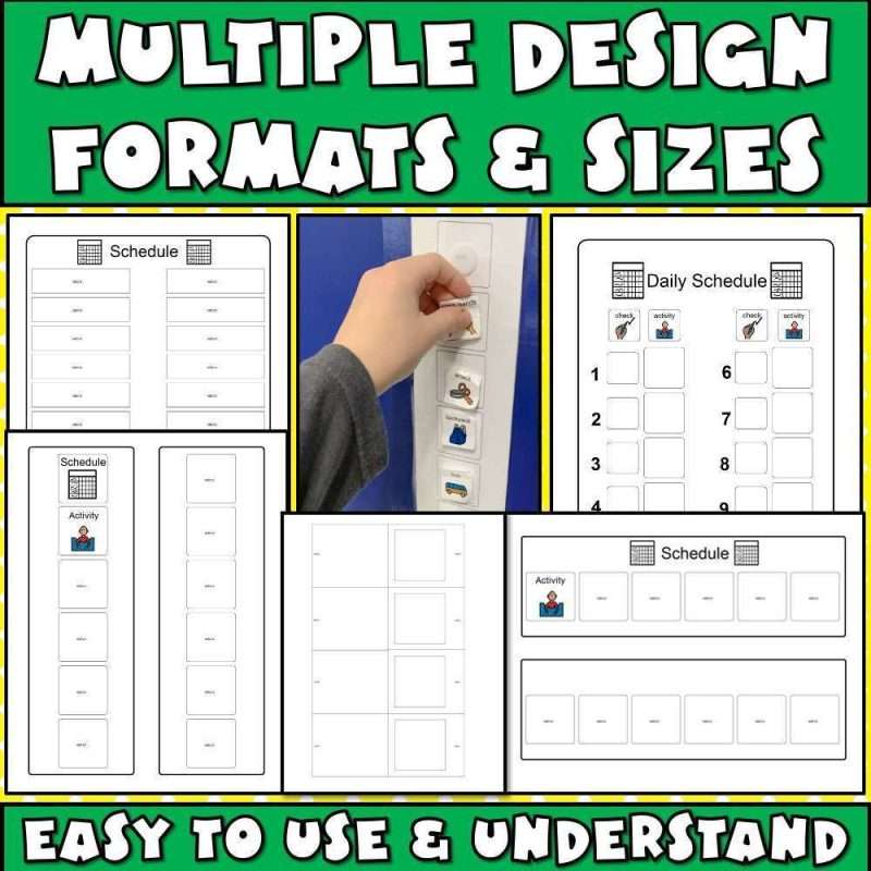 Autism classroom modifications of schedules in multiple design formats and sizes that are easy to use and understand.
