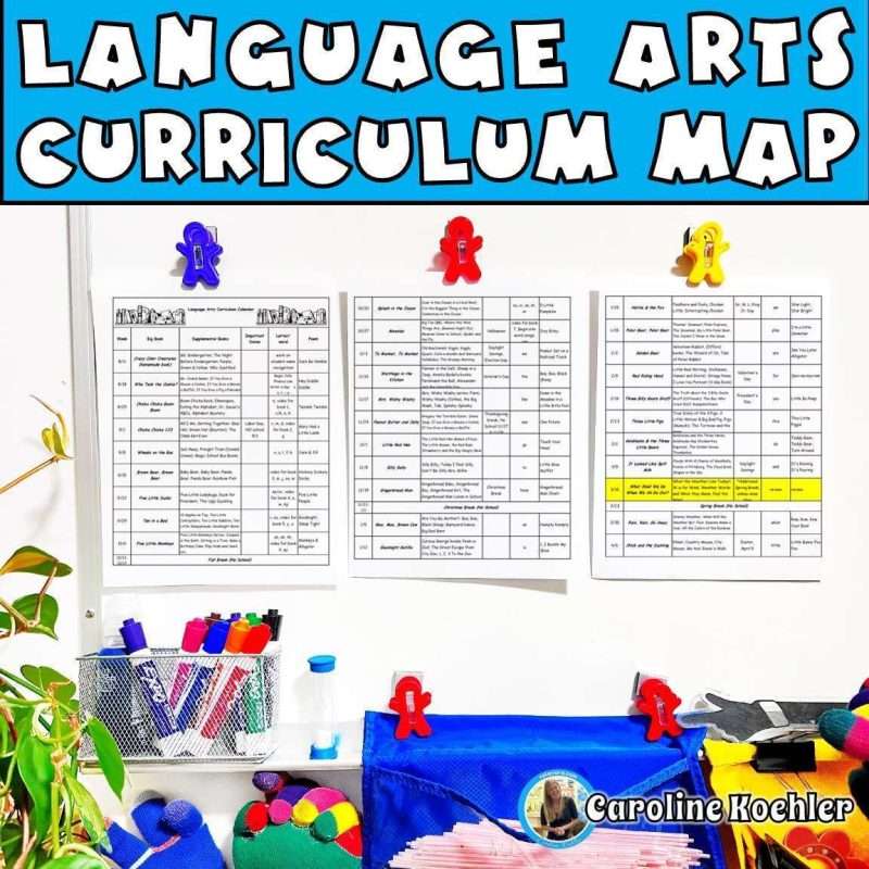 Back to school kindergarten ideas with a language arts curriculum map on a classroom wipe off board