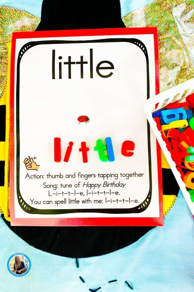 Flash card sight word set for kindergarten showing the word little with a poem and action
