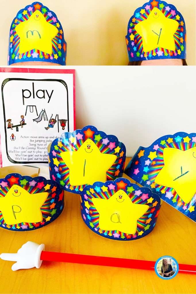 Sight word game showing crowns with letters written on them to spell words to teach to kindergartners.