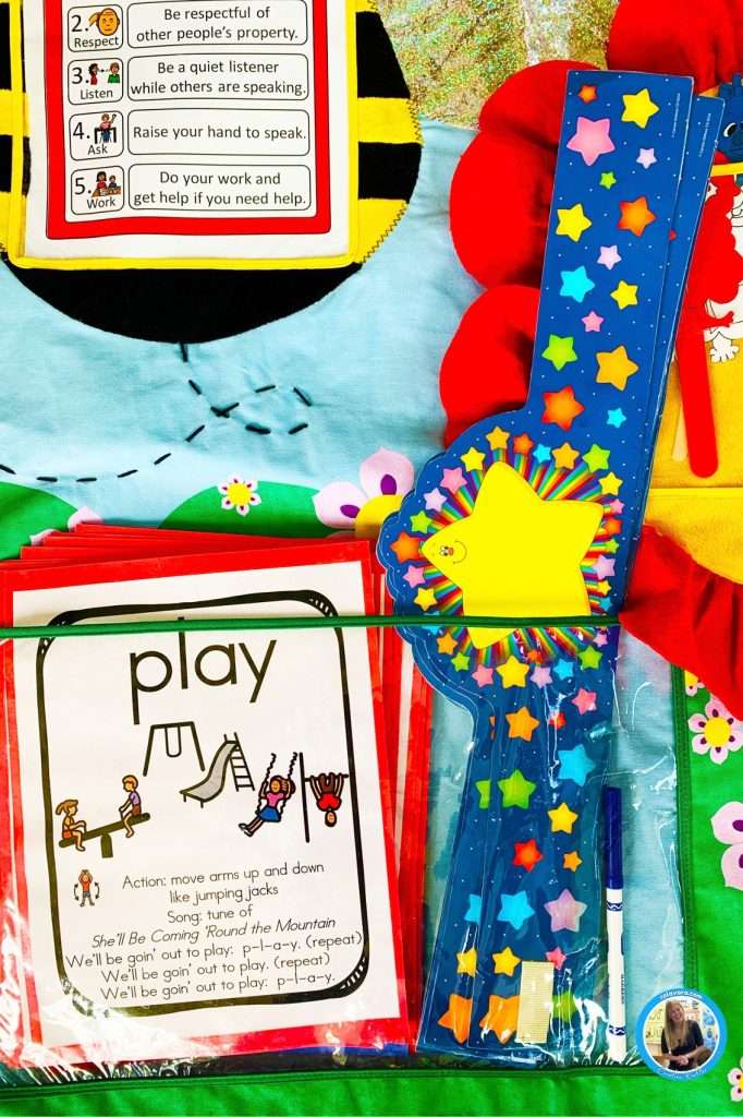 Sight words games showing the word play and kindergarten crowns in a pocket chart.
