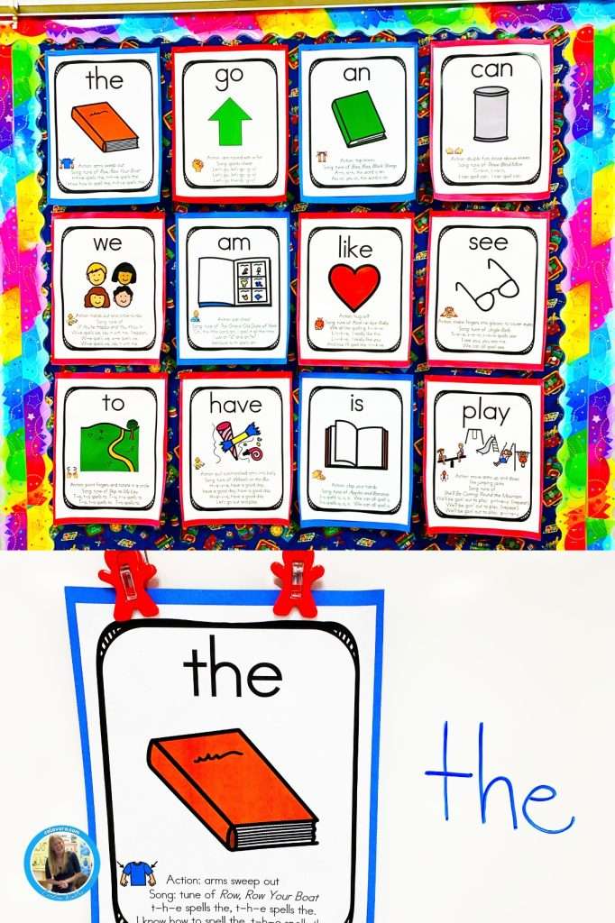 Sight words kindergarten worksheet set showing a bulletin board with sight word posters and a "the" poster on a wipe off board.