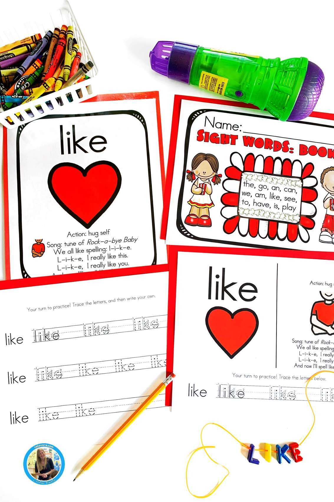 Sight words kindergarten set showing pages from the set featuring the word like.