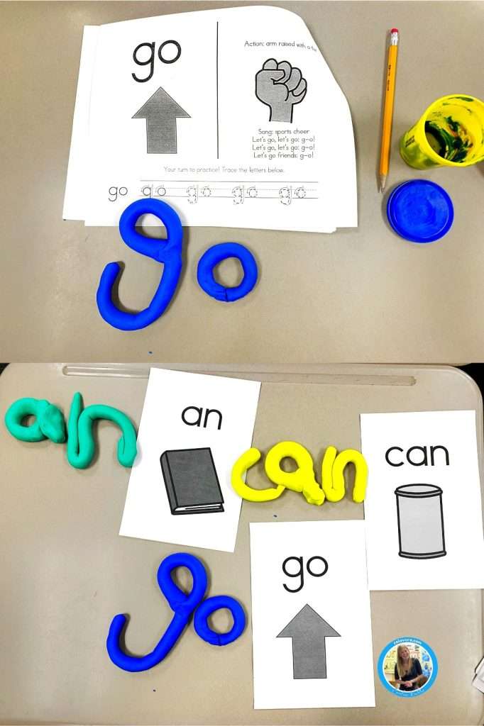 Sight words practice sheets showing printable kindergarten worksheets for go, an, and can with playdough letters.
