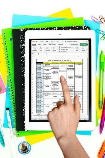 Special education schedule maker showing a teacher editing a spreadsheet on an iPad.