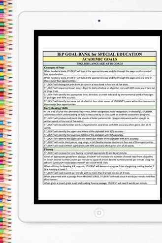 Title reads, "Teaching SPED: fill your IEP goal bank" with a picture below of an iPad and the document IEP Goal Bank for Special Education, Academic Goals on the screen. A row of colorful colored pencils line the left side of the page.