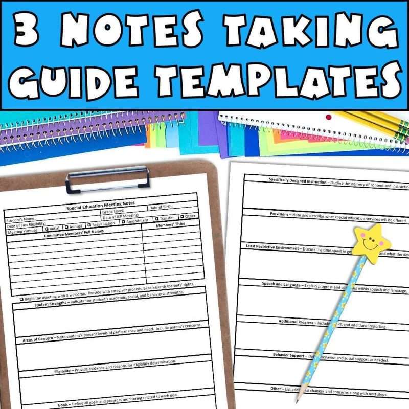 IEP meeting notes with 3 note taking guide templates for special education teachers
