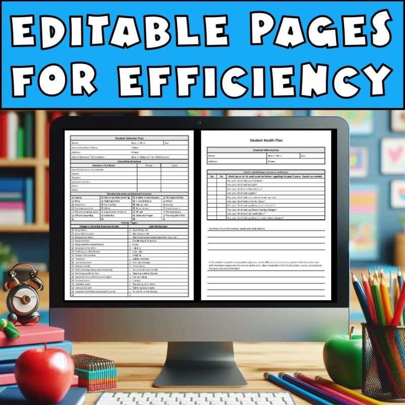 IEP template PDF editable pages for efficiency showing a student behavior plan and a student health plan on a computer.