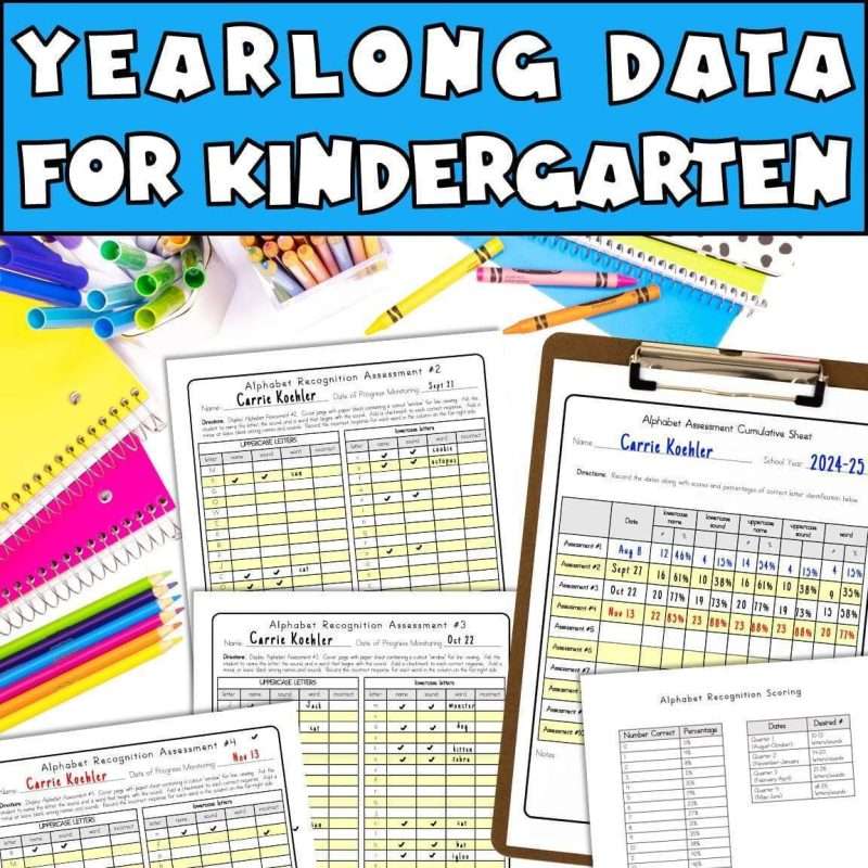 Letter recognition sheet showing yearlong data for kindergarten student with alphabet recognition assessment pages and a cumulative sheet