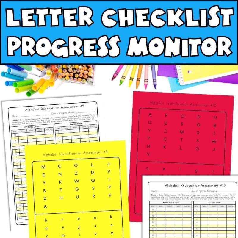 Letter and sounds assessment checklist for progress monitoring on a teacher's table at school.
