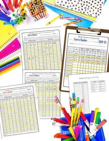 Letter recognition assessment set shown on a teacher desk for special education classroom set up