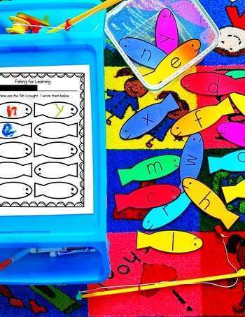Letter recognition worksheet showing alphabet fishing in a kindergarten classroom