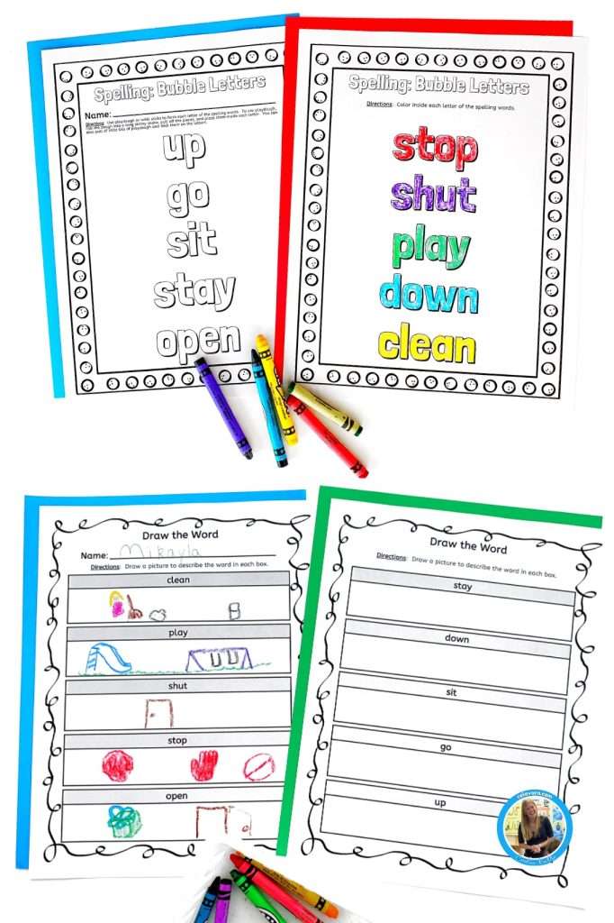 Kindergarten literacy center activities showing spelling bubble letters and draw the word worksheets.