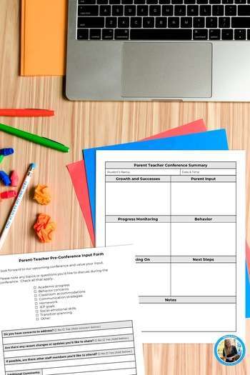 Parent conference tips for teachers showing a summary page and an input form on a teacher's desk.